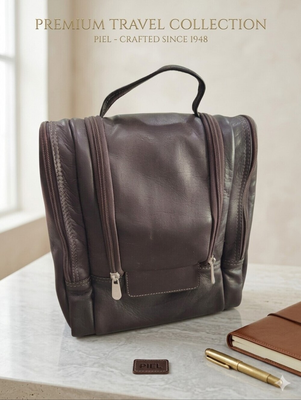 Piel Leather Hanging Toiletry Bag. Handcrafted Full-Grain Travel Kit.